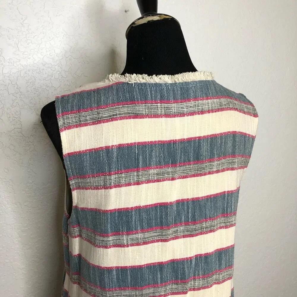 Anthropologie Holding Horses cream chambray blue pink fringe trim dress size 12